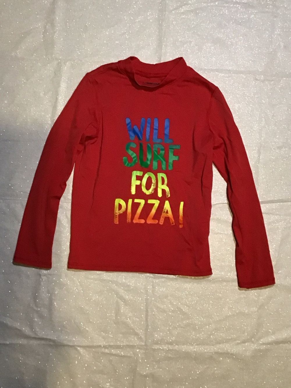 Lands' End Red Long-Sleeve Tee with Colorful Surf Pizza Graphic